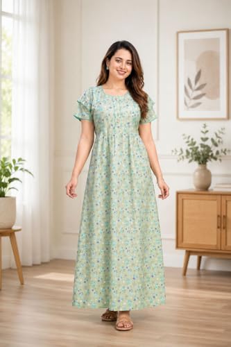 Image of Women's Pure Cotton Maxi Nighty, Floral Print, Short Sleeve Night Gown Adjustable Back BeltSoft Breathable Full-Length Sleepwear & Lounge Wear