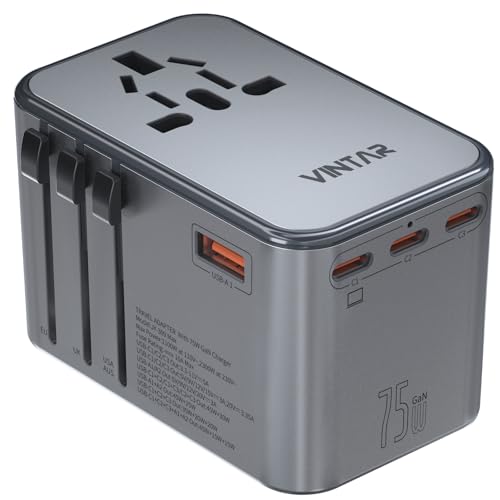 Image of Universal Travel Adapter, VINTAR 75W GaN International Power Adapter with 3 USB-C PD and 2 USB-A QC Charging Ports, All-in-one Outlet Converter Wall Charger for Europe UK USA AUS(Type C /G /A /I), Grey