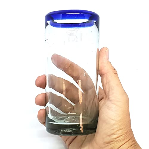 Mexhandcraft Cobalt Blue Rim 14 Oz Highball Glasses (Set Of 6), Recycled Glass, Lead-Free, Toxin-Free (Highball) #TOP3