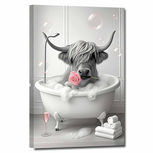ZHIYYHAO Black and White Wall Art Highland Cow in Bathtub Canvas Wall Art Framed Funny Cow with Roses Graffiti Highland Cow Paintings Canvas Prints for Hallway Decor Bedroom Living Room Nursery Home Decor (A-8,24.00L" X 16.00W'') by ZHIYYHAO - Used condition - US$36.94