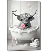 ZHIYYHAO Black and White Wall Art Highland Cow in Bathtub Canvas Wall Art Framed Funny Cow with R...