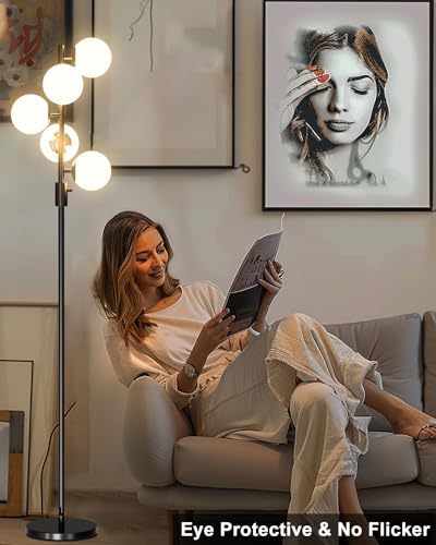 Image of Lightdot Dimmable (Brightness Adjustable) Globe Floor Lamp, Black Retro Standing Lamps with 5x3000K G9 Bulbs Included, Mid Century Modern Floor Lamp for Living Room /Bedroom /Sofa Beside /Corner Decor