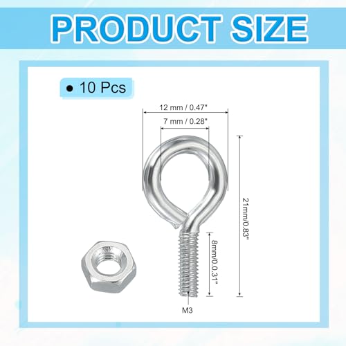 Image of PATIKIL M3x8mm Eye Bolts, 10 Pcs Carbon Steel Threaded Eyebolt Eye Hooks Screws with Nut for Hanging or Securing Cables Silver