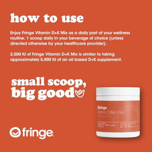 Image of Fringe Vitamin D3 and K2 Mix Powder, Water Soluble Bio-Available, D3 from Algae, Vitamin K2 MK-7 from Natto, Vegan, Unflavored (30 Servings, Vitamin D & K Mix)