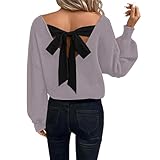 Suéter de manga larga con lazo para mujer, cuello en V, para otoño e invierno, hombros descubiertos, espalda descubierta, punto anudado, acogedor, moderno, Morado (, XXL