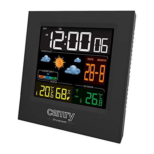 CAMRY CR 1166 Digitaal weerstation met buitensensor, voor binnen en buiten, thermometer, hygrometer, kleurendisplay, weersvoorspelling, voor kamer, kantoor, klok, 2 wekkers, zwart