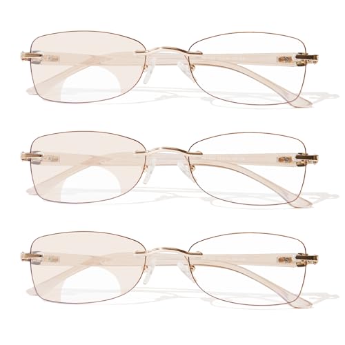 ZESAKER Rimless Bifocal Reading Glasses for Women Frameless Rectangle Bifocal Clear Top Readers for Women Blue Light Blocking (Light Brown *3, 1.5)