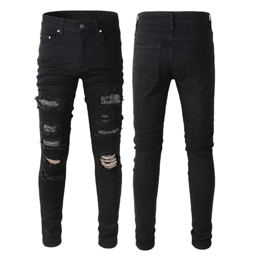 Generic Black Mens Crystals Patchwork Jeans Skinny Stretch Slim Distressed Ripped Rhinestone Stacked Knee Holes Pant