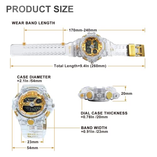Mens Watch for Men Digital Sport Watch Transparent Gold Watches Waterproof Watches with 3 Alarms/Countdown/Stopwatch/Digital-Analog/Dual Time/Light/Military Multifunctional Wrist Watch3