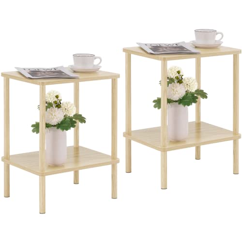 Apicizon 2 Tier End Table Set of 2, Boho Side Table with Storage Shelf, Nightstand Bedside Table for Small Spaces, Bedroom, Living Room, Entryway, Farmhouse, Easy Assembly, Light Natural