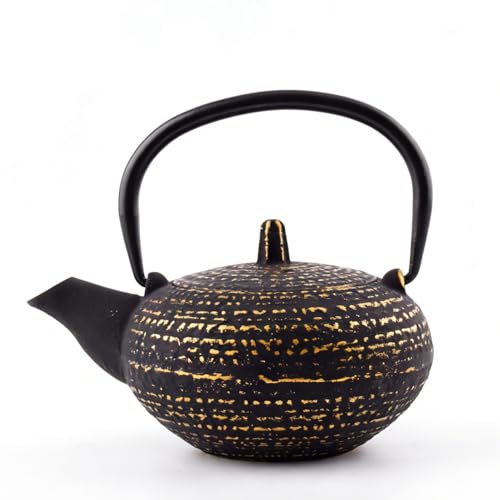 Mini-Teekanne aus Gusseisen mit schwarz-goldenem Muster, asiatischer Stil, 300 ml (Black-gold)