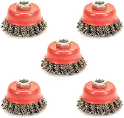 AUPREX 5 Pack Knotted Wire Cup Brush for Angle Grinders with 5/8 Inch | 11 UNC Threaded Arbor- 0.02 Inch Carbon Steel Wire for Rust,Corrosion,Paint Removal and Other Heavy-Duty Conditioning for Metals