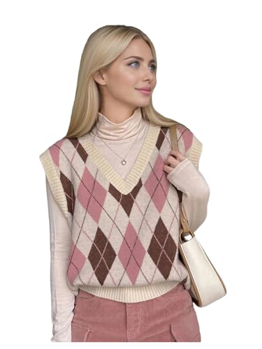 OYOANGLE Women's Geo Print Sweater Vest Y2K Preppy Style V Neck Sleeveless Knitted Tank Top