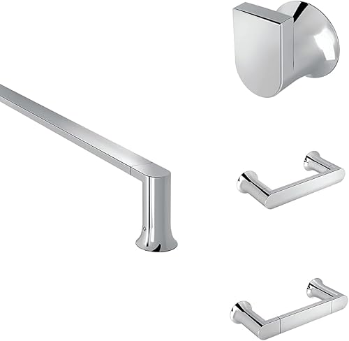 Paquete de toallero Moen Genta LX cromado moderno de 18 pulgadas, BH3818CH, gancho para bata individual, BH3803CH, soporte de papel higiénico
