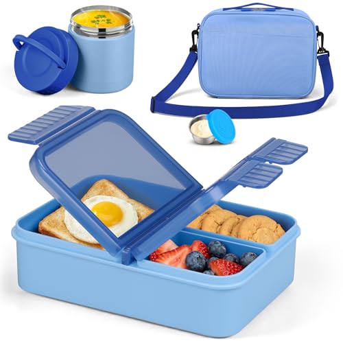 Image of WyfKyd Snack Box Container Set with Soup Thermo Kids Adults Bento Lunch Box | Snack Box Container Set with 10.5oz Soup Thermo and Bag for Kids Adults Bento Lunch Box for Office School Travel Outdoor Blue