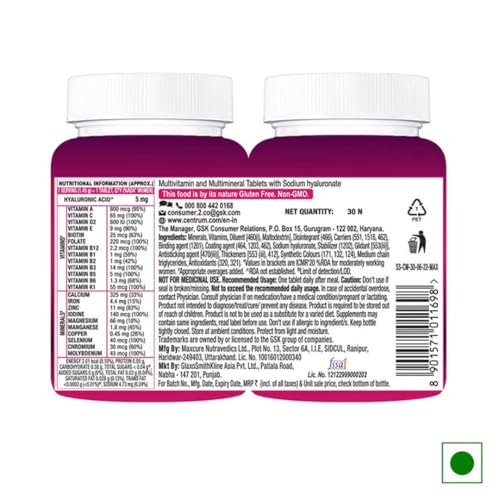 Image of Centrum Women, World's No.1 Multivitamin with Biotin, Vitamin C & 21 vital Nutrients for Overall Health, Radiance, Strong Bones & Immunity (Veg) 30 tablets, Pack of 2
