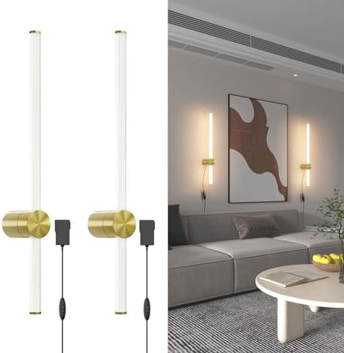 2-Pack Modern Plug in LED Wall Sconces Gold,18W 3000K Wall Light with Plug Dimmer 23.6 Inches Sconces Wall Lighting with Memory Function,Indoor Wall Lamp for TV Side Living Room Bedroom