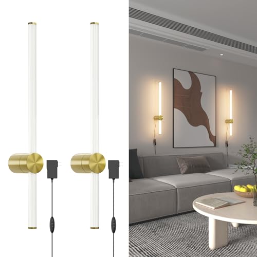 2-Pack Modern Plug in LED Wall Sconces Gold,18W 3000K Wall Light with Plug Dimmer 23.6 Inches Sconces Wall Lighting with Memory Function,Indoor Wall Lamp for TV Side Living Room Bedroom