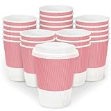 JarThenaAMCS 100Pcs Pink White Disposable Coffee Cups with Lids 12oz Paper Cups Corrugated Ripple Wall Insulated Hot Cups for Valentine's Day Home Office Party Supplies