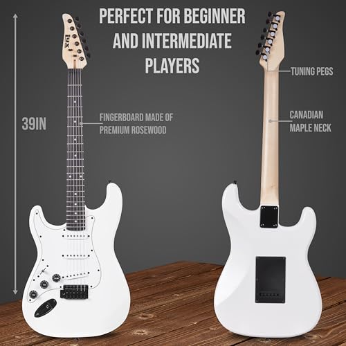Image of LyxPro Left Hand 39 Inch Electric Guitar and Starter Kit for Lefty Full Size Beginner's Guitar, Amp, Six Strings, Two Picks, Shoulder Strap, Digital Clip On Tuner, Guitar Cable and Soft Case - White