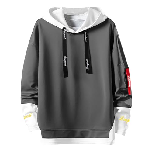Covisoty Hoodies for Men Contrast Color Pullover Hoodie Casual Colorblock Long Sleeve Sweatshirt Dark grey XL