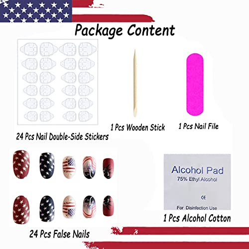 Independence Day Press On Nails Short 4Th Of July False Nails Designs Red Blue Patriotic Star Nails Designs America Acrylic Nails Tip Usa American Flag Fake Nails Fourth Of July Nails For Women 24Pcs #TOP2