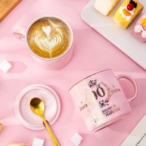 90th Birthday Gifts for Women - Aged to Perfection Coffee Mug - Unique 1935 Birthday Present for Grandma Mom Wife Friend Sister, 14oz Ceramic Coffee Mug Printed Gold with Lid Spoon Card, Nice Gift Box by Biching - Used condition - Image 7
