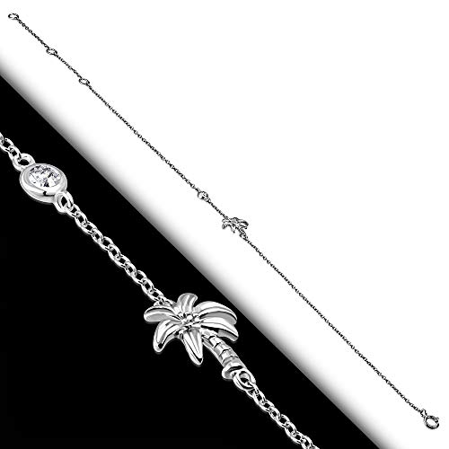 925 Sterling Silver Bezel-Set CZ Palm Tree Womens Link Chain Anklet Bracelet2