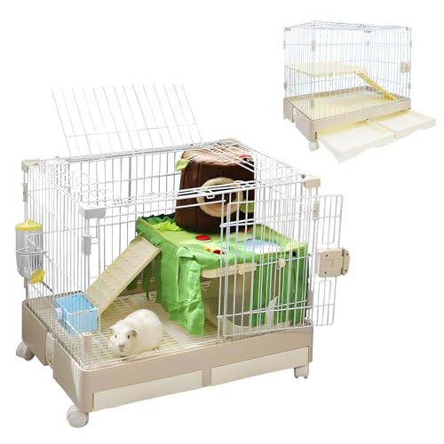 ウサギ ペットケージ ハムスター 小動物ケージ キャスター付き 屋根付き 天井扉 飼育 いぬ ネコ うさぎ 組立簡単 ベージュ 2層 高さ61CM・幅72CM・奥行き50CM