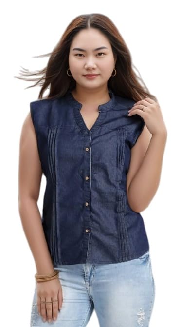 Wingzss Women's Sleeveless Denim Button-Down Top, Navy Blue, Pleated Front Detail-picture-27
