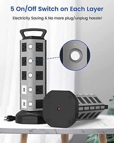 Superdanny Surge Protector Power Strip Tower 3000W 13A 18 Outlet & 4.2A 4 Usb Ports 6.5Ft Extension Cord Desktop Charging Station 900 Joules, 3-Prong, Grounded, Multiple Protections For Home, Office #TOP3