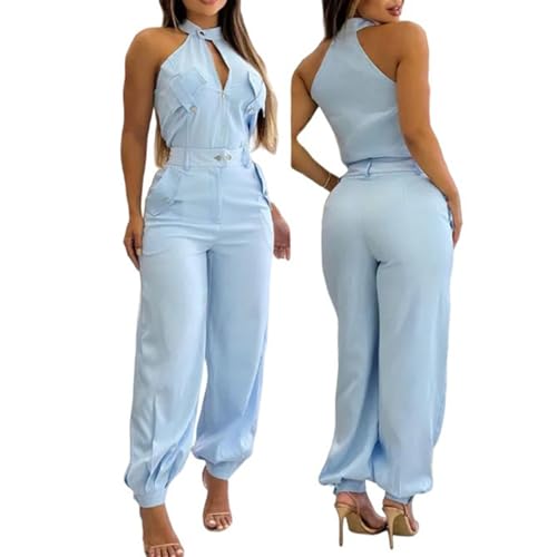 Women's 2 Pieces Outfits Sleeveless High Neck Cargo Pockets Design Top and Casual Cuffed Long Pants Set