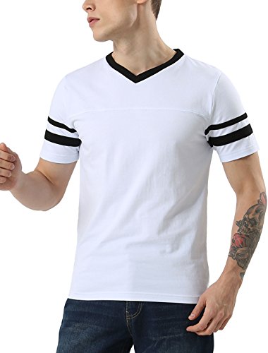 uxcell Men's V Neck T Contrast Color Spliced Stripe Short Sleeves T-Shirt White L US 42