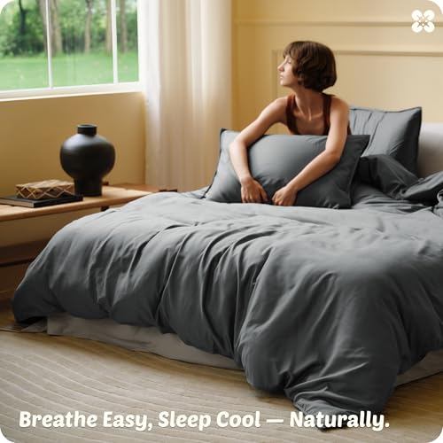 Image of Bedsure Cooling Duvet Cover King Size, Cotton & Viscose Derived from Bamboo Duvet Cover Set, PureWoven Ultra-Soft, Breathable & Lightweight Home Bedding for All Seasons (Dark Grey,104 inchx90 inch)
