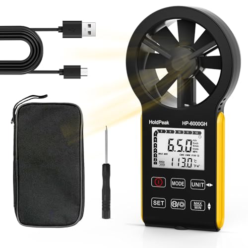 HOLDPEAK Anemómetro Digital VMC Medición de la Velocidad del Viento Temperatura USB C Pantalla LCD Retroiluminada Anemómetro Portátil Exterior Kitesurf