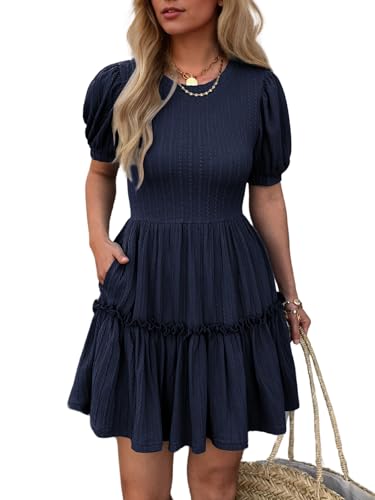 Image of Mieazom Women's Puff Sleeve Ruffle Dress, Brown Cotton Blend Mini Dress with Pockets, Elastic Waist & Flowy Fit