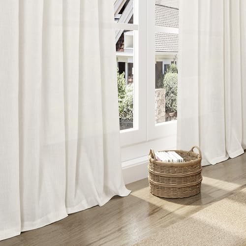 Image of Beige White Linen Curtains 90 Inch Long 2 Panels Set for Bedroom Living Room Beige White Soft Linen Textured Window Drapes Semi Sheer Light Filtering Rod Pocket Back Tab Farmhouse Curtain 52x90