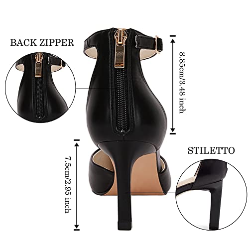 Govdaeor Womens Pointed Toe Stiletto Pumps Back Zipper Ankle Strap Buckle High Heels Cutout Sandals Ladies Office Dress Shoes Black #TOP2