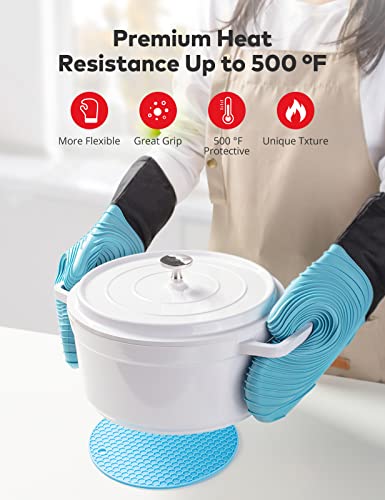 Silicone Oven Mitts And Extra Long Pot Holders Set-Treblewind Oven Gloves Heat Resistant To 500℉,Kitchen Cooking Gloves Non-Slip Grip Textured Silicon Mitt,Light Blue #TOP3