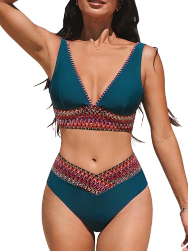 CUPSHE Women's Bikini Sets V Neck Wide Straps Stitched Trim Bathing Suit V Cut Waist Bottom