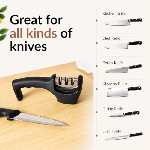 Image of Nestasia Knife Sharpener Tool for Kitchen, 3-Stage Stainless Steel Sharpener for Steel Knives with Ergonomic Handle & Non-Slip Base, Multi-Purpose Blade Sharpening Tool for Home Cooking