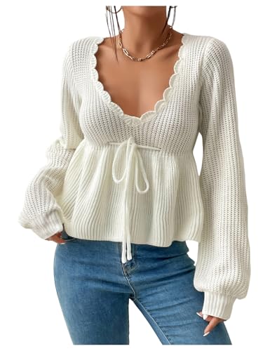 WDIRARA Women's Tie Front Ruffle Pullover Sweater Deep V Neck Long Lantern Sleeve Knitted Peplum Tops