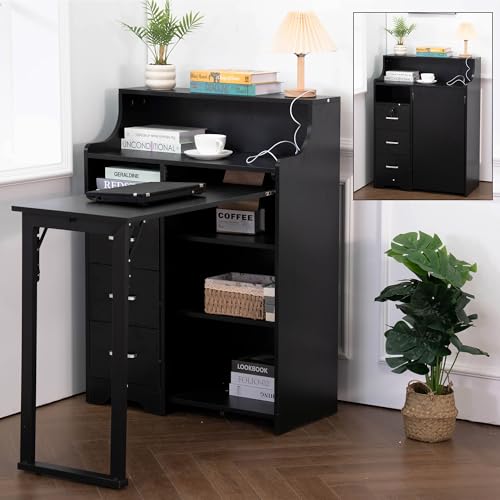 Zethvax Fold Out Desk with Storage, Hidden Desk with Lockable Drawers & Shelves, Built-in Power Outlet,Folding Desk for Study and Home Office (Black)
