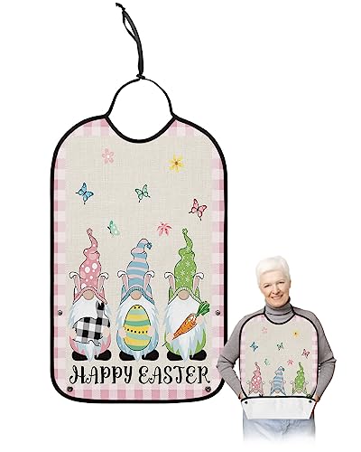 Spring Easter Adult Bibs for Eating, Waterproof Bibs with Food Catcher & Adjustable Snap Closure, Pink Buffalo Plaid Gnomes Bunny Colorful Eggs Clothing Protectors Adult Bibs for Elderly Women/Men