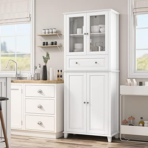 FACBOTALL 76'' Kitchen Pantry Storage Cabinet, Pantry Cabinet, Freestanding Kitchen Cupboard with Large Drawer, Doors, and Adjustable Shelves for Dining Room, Living Room, Laundry, White