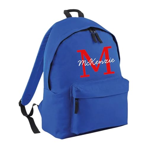 Image of HotScamp Personalised School Backpack with Custom Colour Initial and Name Rucksack, Customised Bag For Back to School Primary High Preschool Nursery College Work Bag Travel Gym Back Pack - Blue Large