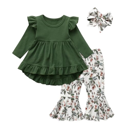 Image of KuKitty Toddler Baby Girl Clothes Solid Color Long Sleeve Ruffle Tops Floral Bell-Bottoms Pants and Headband Outfits Set