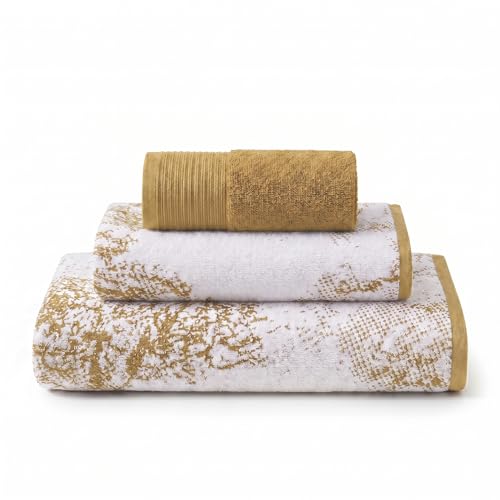 SUPERIOR Cotton Jaquard Absobent Marble Bath Towel Set, 3 Piece, Bronze