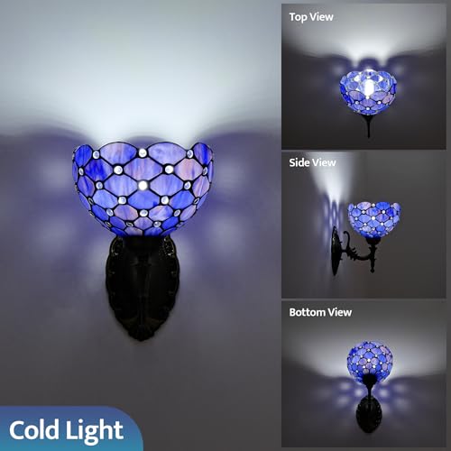 Image of Tiffany Wall Sconce Hand-Weld Stained Glass Bedside Lamp with Classic 8 Inches Lampshade for Bedroom Hallway Living Room Home Office (Blue Purple)