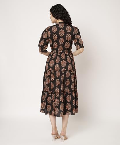 Image of PIDAVLIYA'S Women's Cotton Floral Printed Midi Dress | V-Neck Fit & Flare Dress with Puff Sleeves | Casual Summer Wear